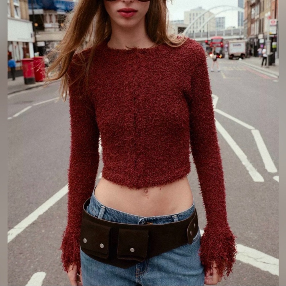 Zara Burgundy Fuzzy Cropped Sweater Cardigan